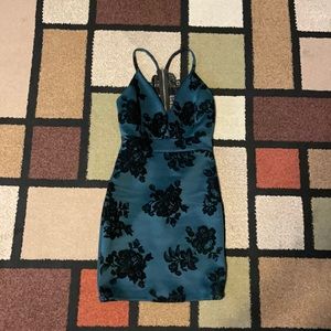 dark blue and black floral velvet dress